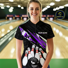 Load image into Gallery viewer, Custom Purple Funny Bowling Jersey for Women Bowling Uniform Polo &amp; 1/4 Zip Bowling Team Shirts HNT128