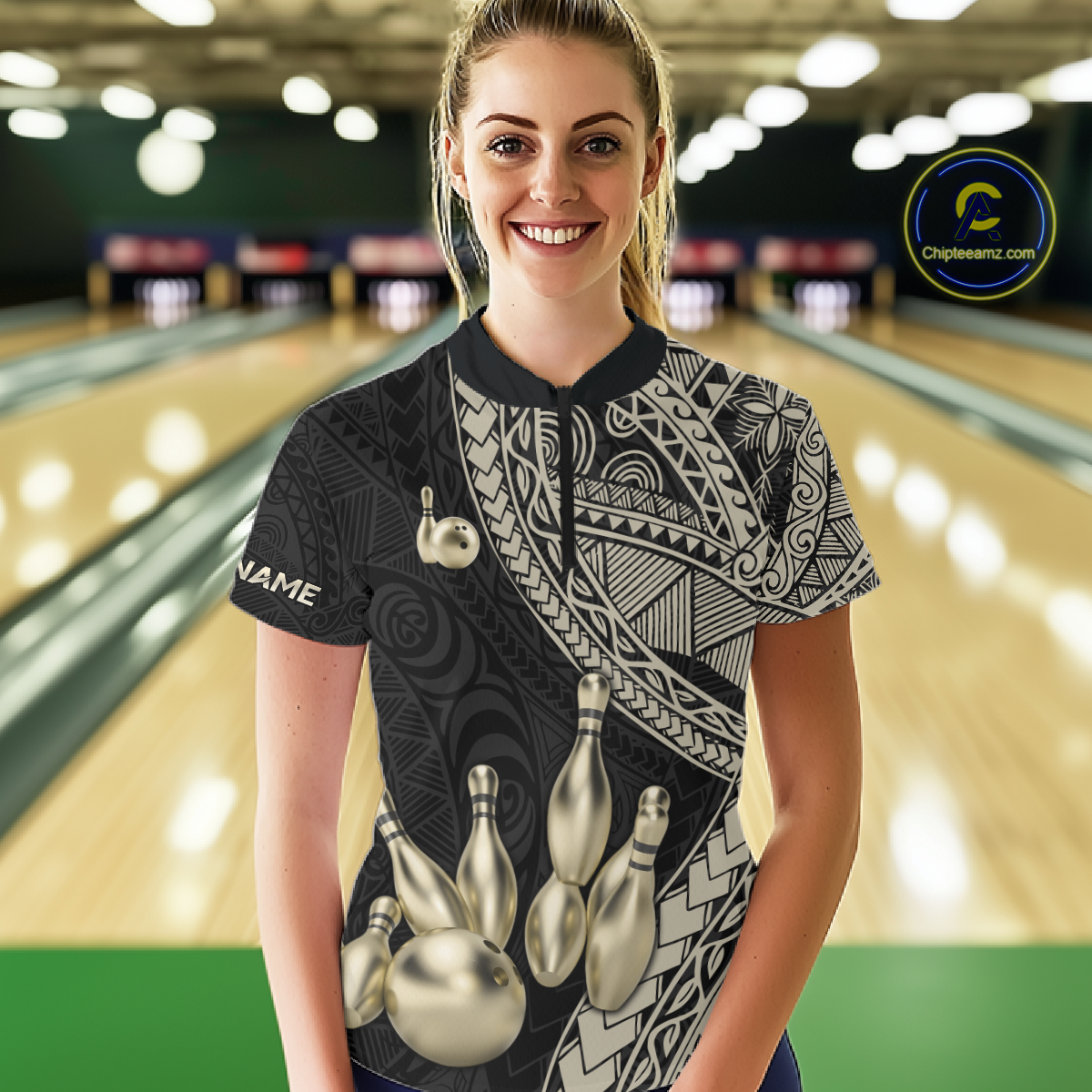Black and Gold Tribal Pattern Bowling Jersey for Women Bowling Uniform Bowling Team Shirts HNT225