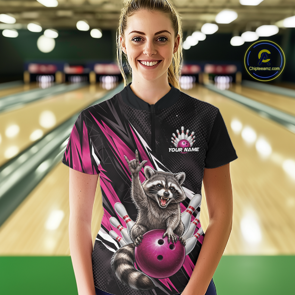 Custom Pink Raccoon Bowling Jersey for Women Bowling Team Shirts Bowling Polo & 1/4 Zip HNT254