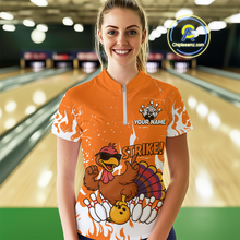 Load image into Gallery viewer, Custom Orange Funny Turkey Bowling Jersey for Women Thanksgiving Bowling Team Shirts HNT115