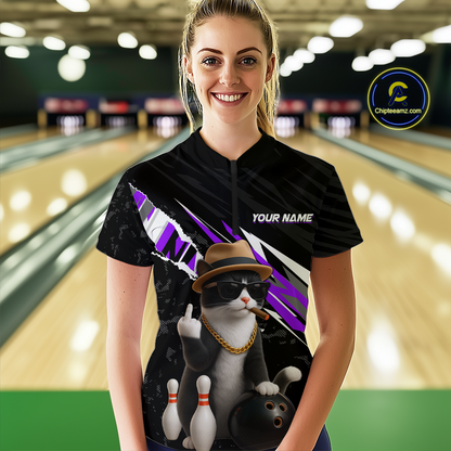 Custom Purple Funny Cat Bowling Jersey for Women Bowling Shirt Polo & 1/4 Zip Bowling Team Shirts HNT136