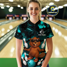 Load image into Gallery viewer, Custom Teal Funny Beaver Bowling Team Shirt Women Bowling League Jersey Polo Bowling Outfit QZT764