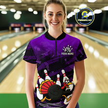 Load image into Gallery viewer, Custom Purple Funny Turkey Bowling Jersey for Women Thanksgiving Bowling Team Shirts Polo &amp; 1/4 Zip HNT125