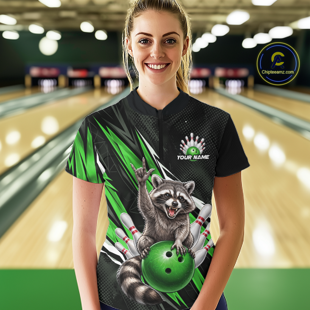 Custom Green Raccoon Bowling Jersey for Women Bowling Team Shirts Bowling Polo & 1/4 Zip HNT254