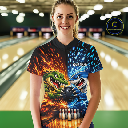 Custom Flame Shark and Alligator Bowling Jersey for Women Bowling Uniform Bowling Team Shirts HNT248