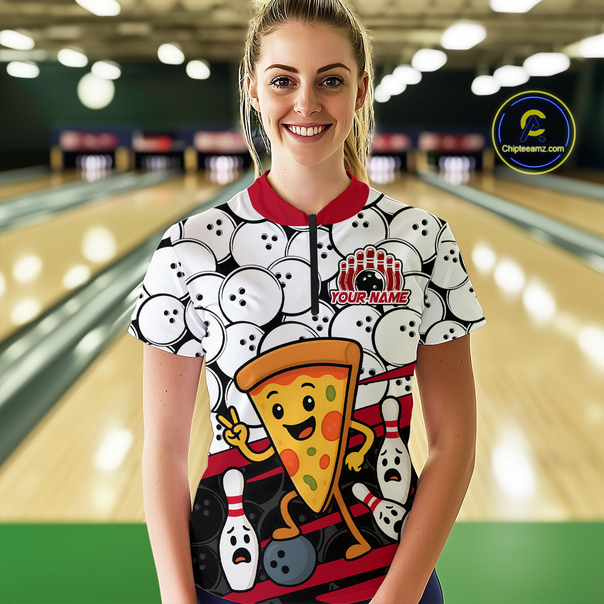 Custom Red Funny Pizza Bowling Shirt Bowling with Food for Women Polo Bowling Jersey QZT799