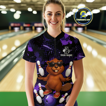 Load image into Gallery viewer, Custom Purple Funny Beaver Bowling Team Shirt Women Bowling League Jersey Polo Bowling Outfit QZT764