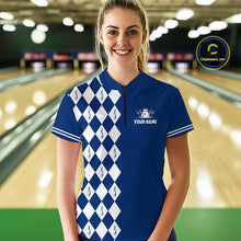 Load image into Gallery viewer, Funny blue and white argyle retro Women Bowling Shirts Custom Does this shirt make my balls look big NQS10610