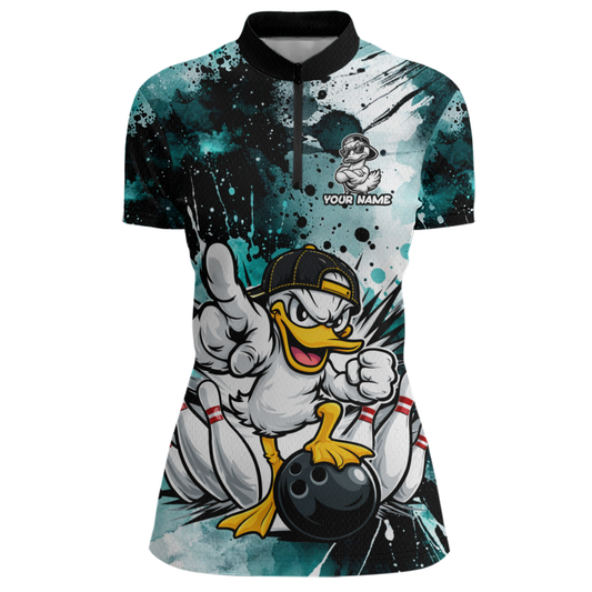 Custom Teal Funny Duck Bowling Jersey for Women Bowling Uniform Polo & 1/4 Zip Bowling Team Shirts HNT237