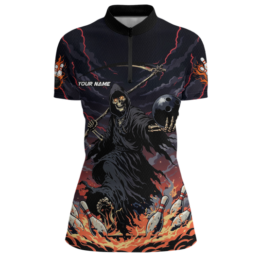 Custom Grim Reaper Flame Bowling Jersey for Women Bowling Team Shirts Polo & 1/4 Zip HNT193
