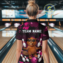 Load image into Gallery viewer, Custom Pink Funny Beaver Bowling Team Shirt Women Bowling League Jersey Polo Bowling Outfit QZT764