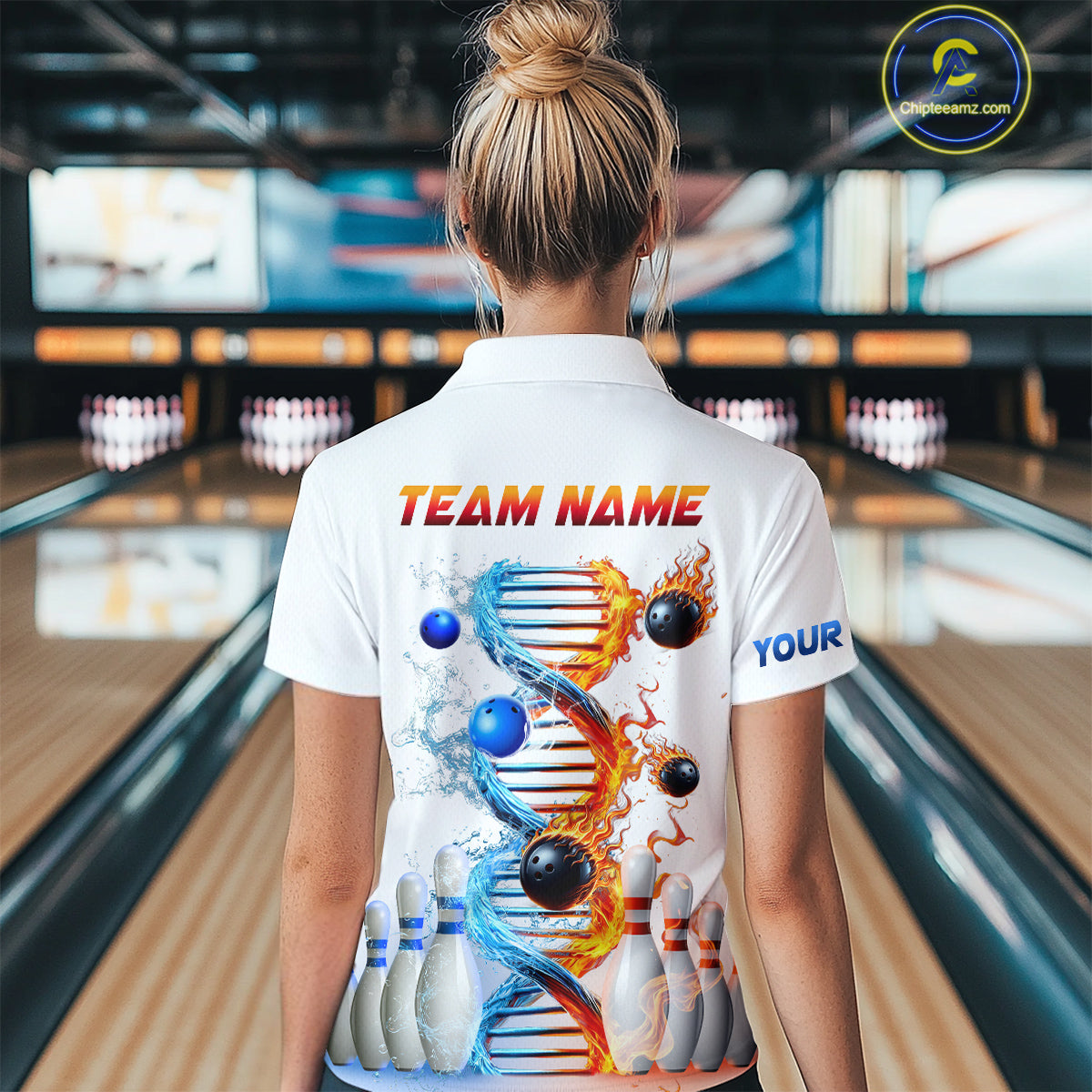 Woman wearing custom ice and fire DNA bowling quarter-zip shirt, back view mockup, personalized bowling league jersey.
