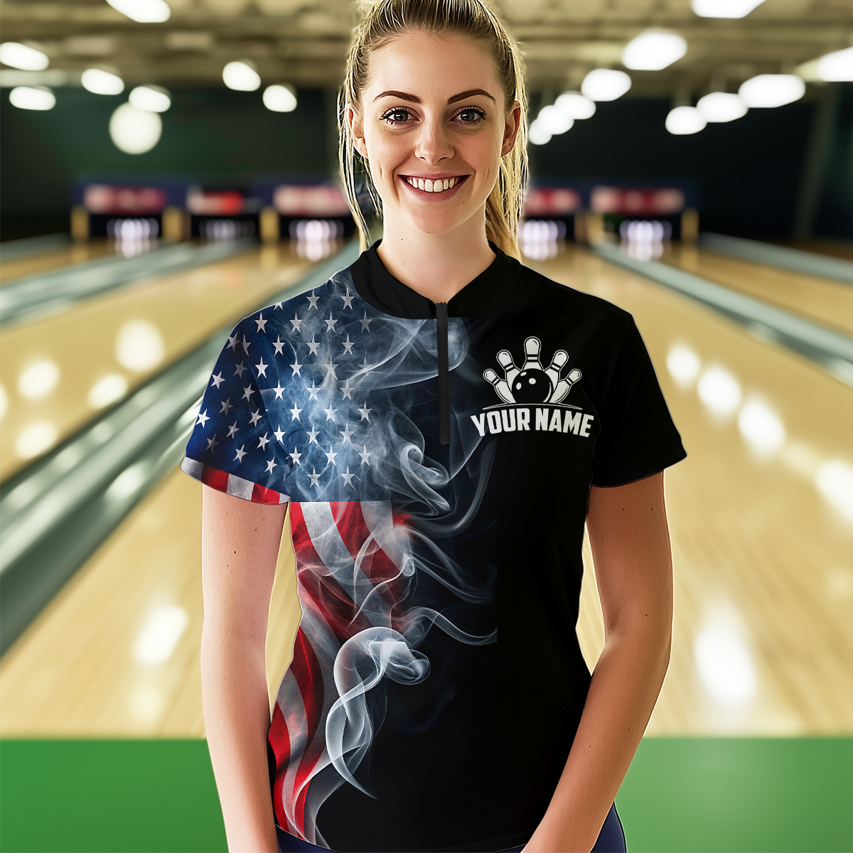Custom Skull Bowling 1/4 Zip Shirts For Men Women American Flag Bowling Jersey Team BDT507