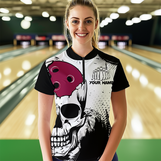 Personalized Bowling Shirt Skull Bowling Team Jersey Quarter-Zip Shirt for Women QZT275