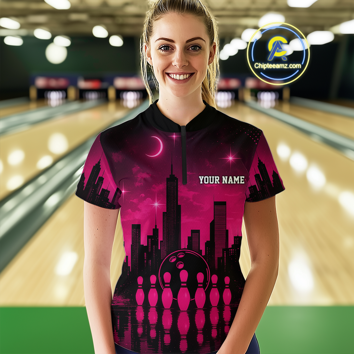Pink Bowling Custom Women Bowling Shirt Polo & Quarter-Zip Bowling Team Jerseys HNT66