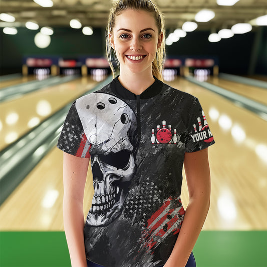 Custom Bowling Shirt for Women Skull Bowling Jersey Bowling Team League Quarter-Zip Shirt QZT47-3