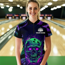 Load image into Gallery viewer, Black &amp; Purple Skull Bowling Jersey Custom Quarter-Zip Bowling Team Shirt for Men Women QZT675
