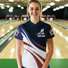 Load image into Gallery viewer, Personalized Red Blue &amp; White Bowling Shirt Patriotic 1/4-Zip Bowling Jersey for Men &amp; Women QZT677