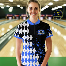 Load image into Gallery viewer, Blue argyle pattern Retro Bowling Shirts For Women Custom My drinking team has a bowling problem NQS9824