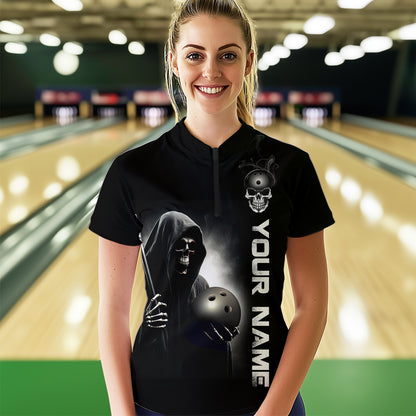 Custom Skull Bowling Shirts Unisex Quarter-Zip Bowling Team Jersey Black Bowling League QZT631