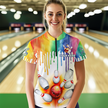Load image into Gallery viewer, Rainbow Bowling Shirt for Men Women Personalized Quarter-Zip Bowling Jersey Bowling Outfit QZT680