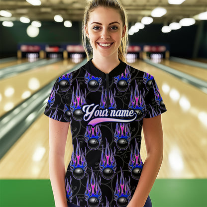 Black Bowling Ball Camo Blue Flame Bowling Polo, 1/4 Zip Shirt for Women Custom Bowling Team Jersey NQS9480