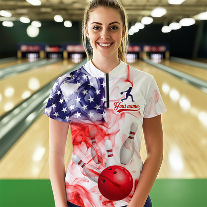 American Flag Smoke Bowling Shirt for Women Custom Polo & Quarter-Zip Team Bowling Jersey with Team HNT21