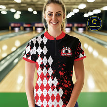 Load image into Gallery viewer, Red argyle pattern Retro Bowling Shirts For Women Custom My drinking team has a bowling problem NQS9825