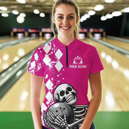 Skull Bowling Shirt for Women Custom Bowling Jersey Bowling 1/4 Zip Shirt QZT245