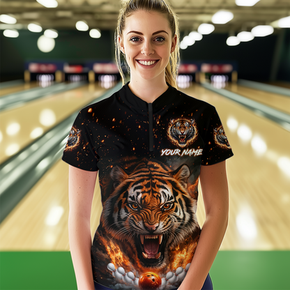 Custom Flame Tiger Bowling Shirt Orange Quarter Zip Bowling Jersey for Men and Women Gifts QZT639