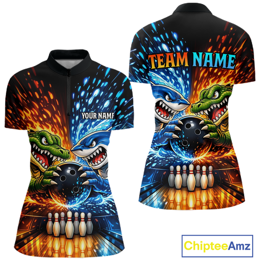 Custom Flame Shark and Alligator Bowling Jersey for Women Bowling Uniform Bowling Team Shirts HNT248