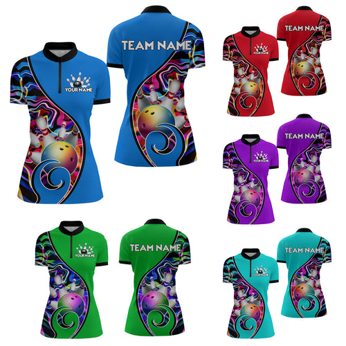 Custom Bowling Team Women Quarter-Zip Shirts - Personalized Abstractt Colors Bowling Jersey YYD0080