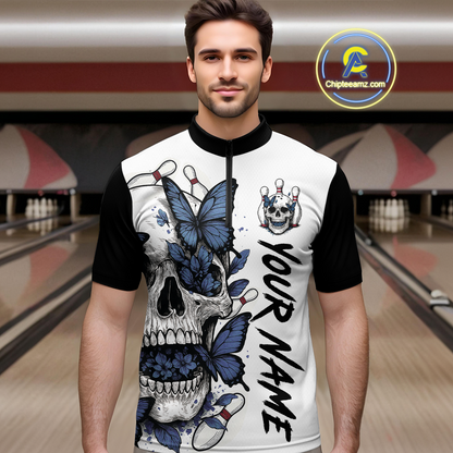 Blue Butterfly Skull Bowling Men Bowling Shirt Polo & Quarter-Zip Bowling Team Jerseys HNT80
