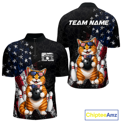 Men quarter zip bowling-themed shirt with a cat design, American flag pattern, and 'Team Name' text on a white background.