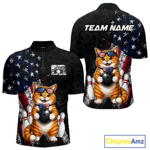Load image into Gallery viewer, Custom US Flag Cat Bowling Shirt for Men Bowling League Patriotic Bowling Team Shirts HNT335