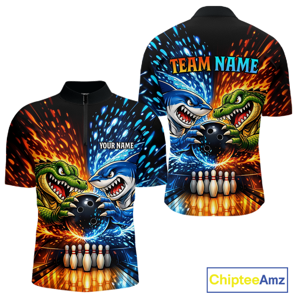 Custom Flame Shark and Alligator Bowling Jersey for Men Bowling Uniform Bowling Team Shirts HNT248