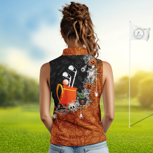 Halloween Skull Playing Golf Sleeveless Polo Shirt Custom black & orange Halloween ladies golf outfit NQS10341