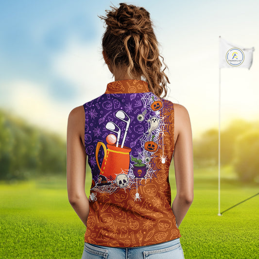 Halloween Skull Playing Golf Sleeveless Polo Shirt Custom Halloween golf outfit For Ladies Golf Gifts NQS10340