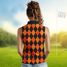 Load image into Gallery viewer, Funny Women sleeveless polo shirt custom orange black argyle plaid Halloween Skull ladies golf attire NQS10355