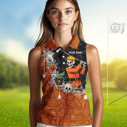 Halloween Skull Playing Golf Sleeveless Polo Shirt Custom black & orange Halloween ladies golf outfit NQS10341