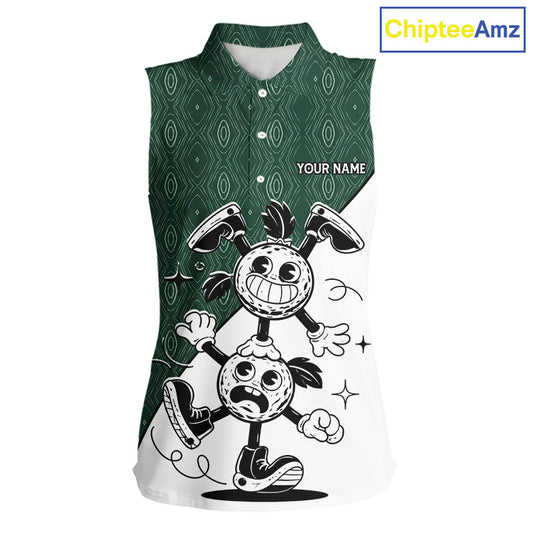 Green White Funny Golf Ball Pattern Sleeveless Womens  Golf Polo Shirts Custom Golf Outfits Ladies, Green Golf Tops NHT784