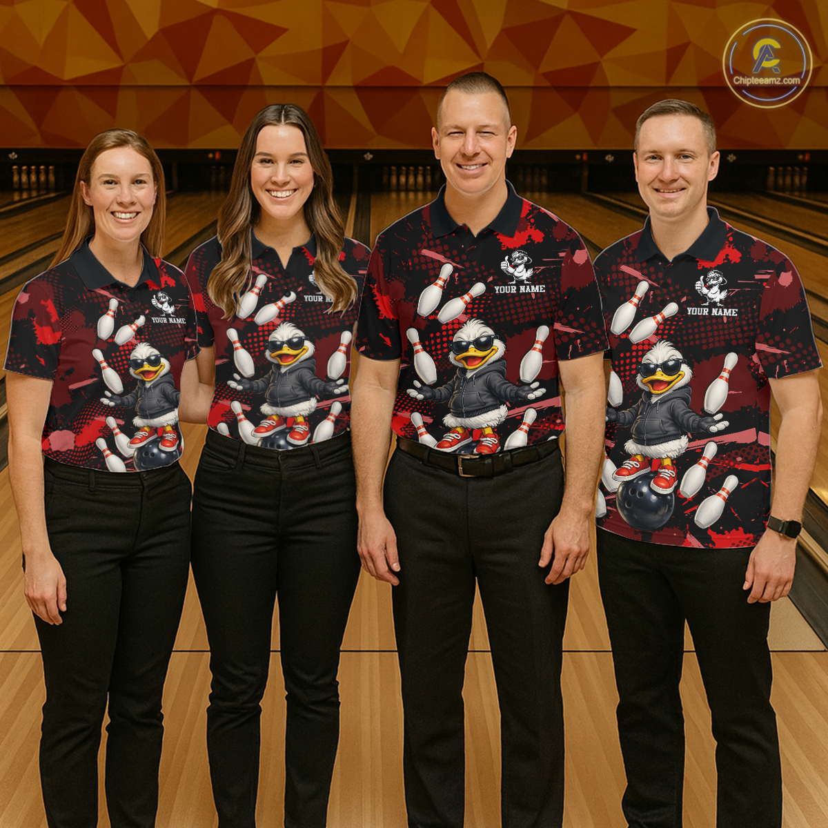 Custom Red Funny Duck Bowling Shirt for Men Bowling Jersey Polo & 1/4 Zip Bowling Outfit QZT943