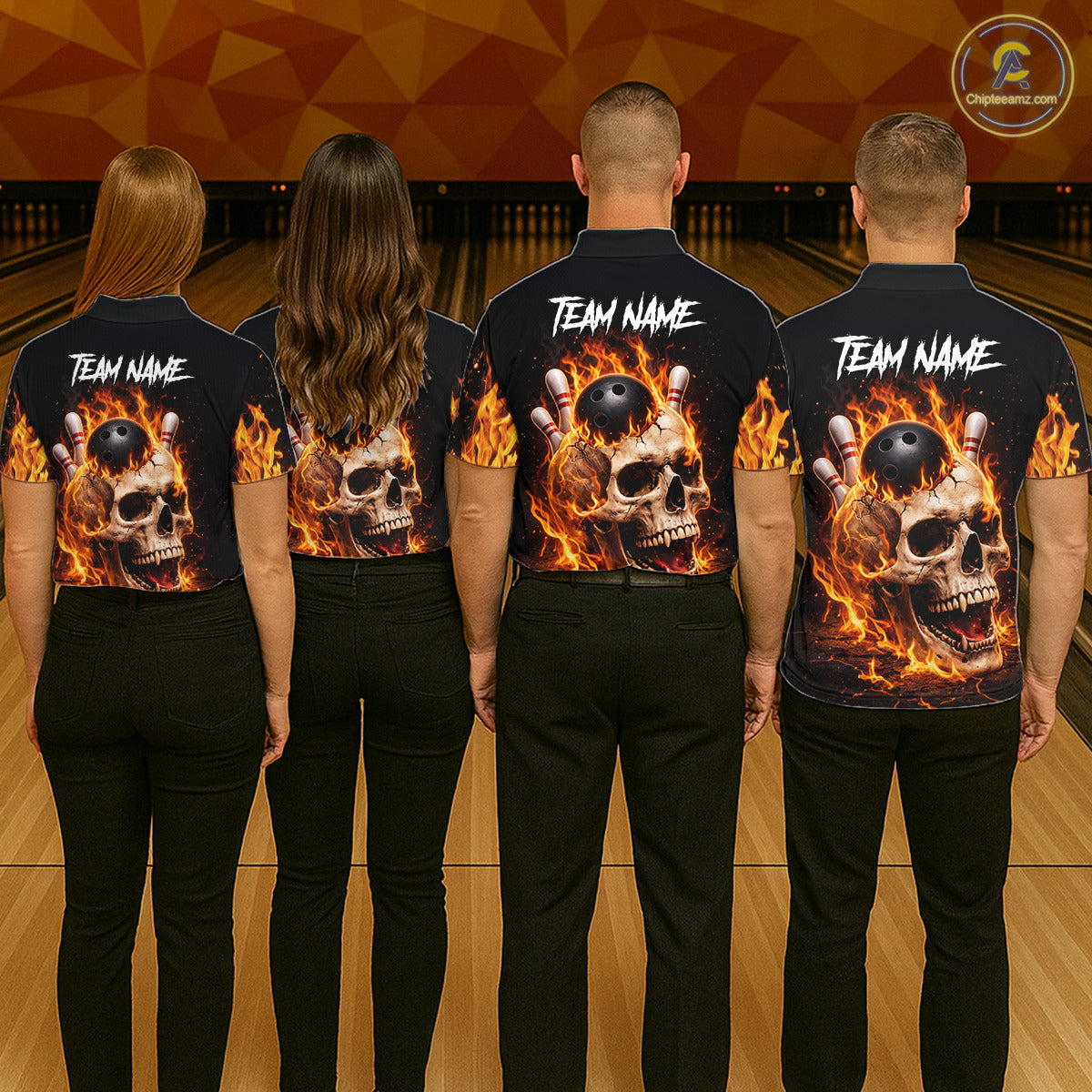 Flame Skull Bowling Polo, 1/4 zip shirts for men custom Skull team Bowling uniforms league jerseys NQS11577