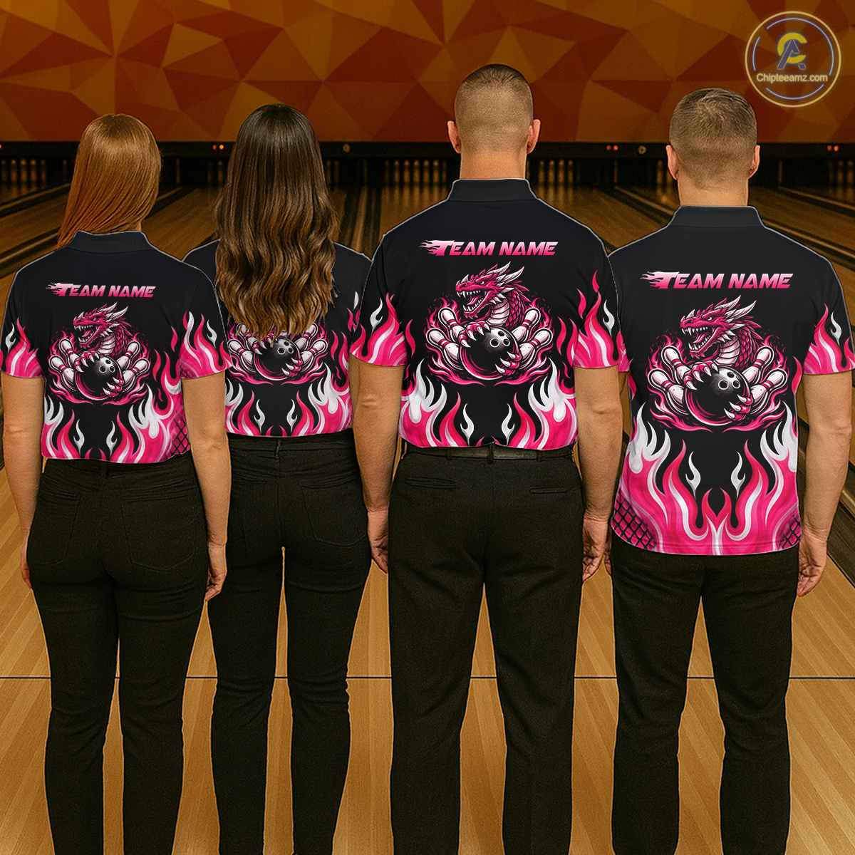 Black and Pink Flame Dragon Bowling Polo, 1/4 Zip Shirts For Women Custom Dragon Bowling Team Jerseys NQS11733