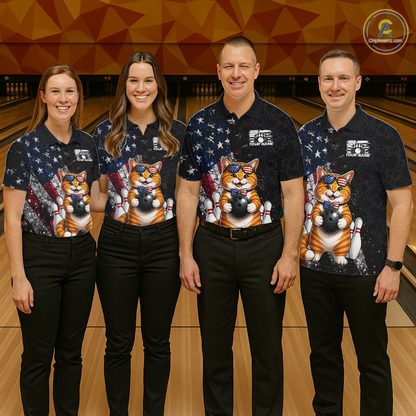 Four people wearing matching shirts with a cat american flag design on a bowling alley.