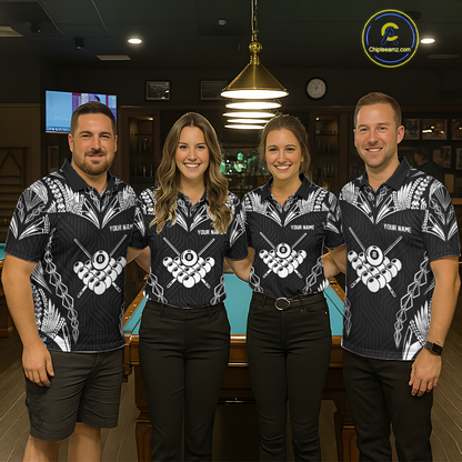 Custom 8 Ball Tribal Pattern Billiard Shirts for Men Billiard Team Shirts Billiard League Polo & 1/4 Zip NNT95