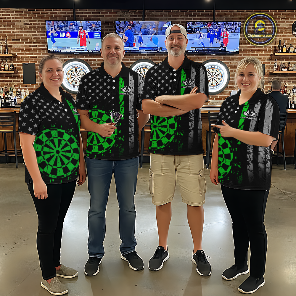Custom Green US Flag Darts Shirt for Men Darts Team Jerseys Dart Tournament Polo & 1/4 Zip NNT116