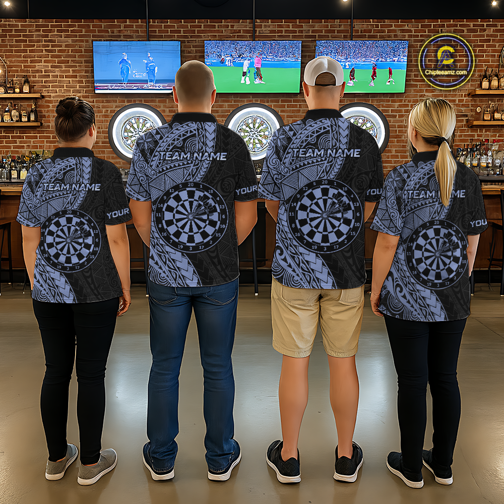 Custom Blue Tribal Dart Shirts for Men Dart Team Jersey Dartboard Gifts Polo & 1/4 Zip NNT163