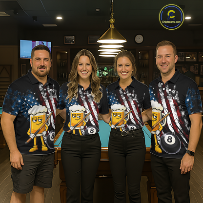 Custom Funny US Flag Beer 8 Ball Pool Women Billiard Polo & 1/4 Zip, Billiard Shirt, Billiard Team Jerseys NNT146