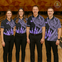 Load image into Gallery viewer, Black and Purple Tribal Pattern Bowling Jersey for Women Bowling Uniform Bowling Team Shirts HNT225
